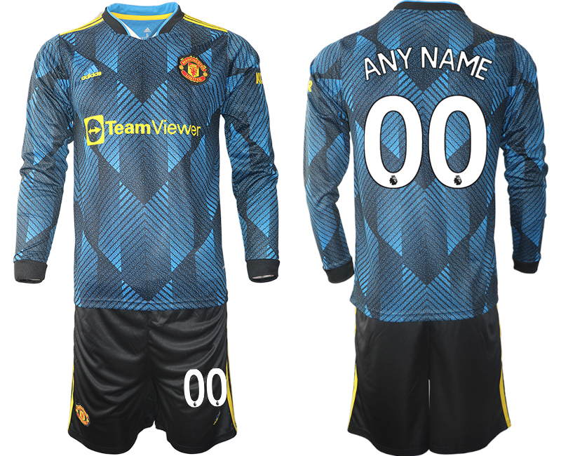 Men 2021-2022 Club Manchester united second away blue Long Sleeve customized Soccer Jersey->paris st german jersey->Soccer Club Jersey